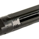 Black firearm muzzle device with side vents and threaded interior for attachment to a barrel (flash suppressor/muzzle brake).