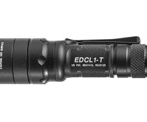 Black EDCL-1-T tactical flashlight with knurled grip, warning label, and side switch.
