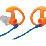 Pair of orange ear-hook earplugs with gray silicone tips and blue cords, designed for swimming.
