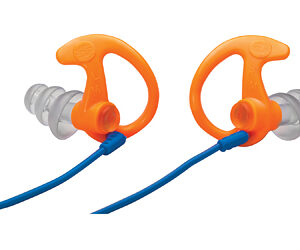 Pair of orange ear-hook earplugs with gray silicone tips and blue cords, designed for swimming.