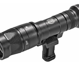Compact black tactical flashlight with a mounting clip for rail systems and knurled grip.