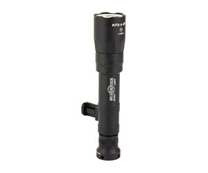 Black compact tactical flashlight with a side-mounted bracket, standing upright on a round base.
