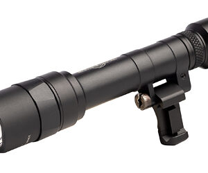 Black tactical flashlight with a mounting bracket attached to its side, shown in a horizontal position on a white background.