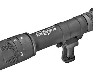 Compact black tactical flashlight with a Picatinny rail mount attached.