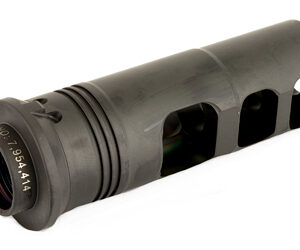 Cylindrical firearm accessory with three rectangular side cutouts and a front-facing lens on a white background.
