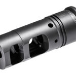 Black metal muzzle brake with three rectangular vents and threaded rear, an attachment for a rifle.