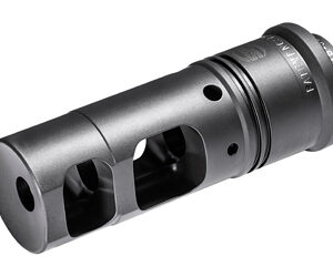 Black metal muzzle brake with three rectangular vents and threaded rear, an attachment for a rifle.