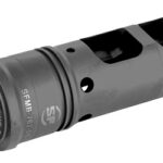 Gray cylindrical firearm muzzle device with vent holes and threaded end, close-up view of a metal attachment.