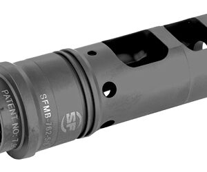 Gray cylindrical firearm muzzle device with vent holes and threaded end, close-up view of a metal attachment.