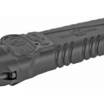 Black handheld flashlight with a ribbed grip and side switch, forward-facing lens and compact shape.