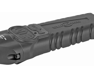Black handheld flashlight with a ribbed grip and side switch, forward-facing lens and compact shape.