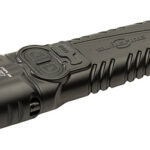 Black compact tactical flashlight with dual LED lenses and knurled grip for a secure hold.