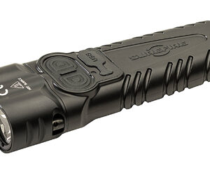 Black compact tactical flashlight with dual LED lenses and knurled grip for a secure hold.