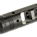 Black machined metal firearm component with multiple holes and rectangular cutouts (industrial part).