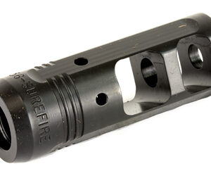 Black machined metal firearm component with multiple holes and rectangular cutouts (industrial part).