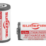 Two SureFire 123A lithium-phosphate rechargeable batteries (high-drain devices) shown side by side on a white background, 3V.