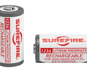 Two SureFire 123A lithium-phosphate rechargeable batteries (high-drain devices) shown side by side on a white background, 3V.