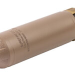 Tan firearm suppressor with a gold muzzle cap, designed to reduce gunshot noise and recoil.