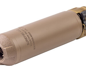 Tan firearm suppressor with a gold muzzle cap, designed to reduce gunshot noise and recoil.