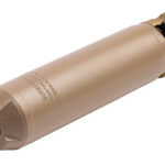 Bronze-colored firearm suppressor with a side-mounted clamp on a white background.