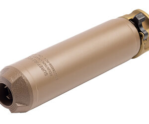 Bronze-colored firearm suppressor with a side-mounted clamp on a white background.