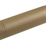 Tan cylindrical firearm suppressor (silencer) with threaded muzzle end and mounting mechanism on the other end.