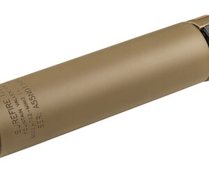 Tan cylindrical firearm suppressor (silencer) with threaded muzzle end and mounting mechanism on the other end.