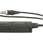 Inline power connector cable with a right-angle plug and a rectangular inline module.