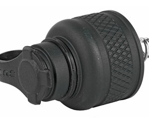 Black bicycle tire valve adapter with a knurled cylindrical body and a clamping lever on the end.