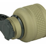 Tan cylindrical optical accessory with a knurled cap and black mounting clamp.