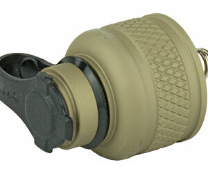Tan cylindrical optical accessory with a knurled cap and black mounting clamp.