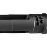 Black firearm muzzle device with vent holes and mounting threads, shown from the side, on a rifle barrel accessory.