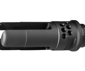 Black firearm muzzle device with vent holes and mounting threads, shown from the side, on a rifle barrel accessory.
