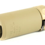 Tan rifle suppressor (silencer) with a multi-port muzzle, shown at an angled side view.