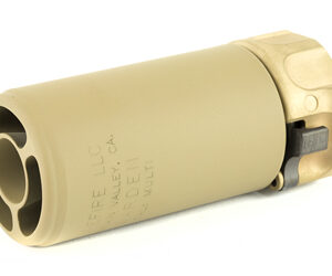Tan rifle suppressor (silencer) with a multi-port muzzle, shown at an angled side view.