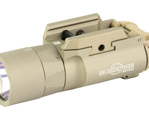 Beige SureFire tactical flashlight with a mounting rail, designed to attach to a firearm (compact weapon light).