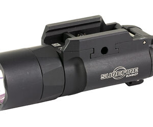 Black SureFire tactical flashlight with a mounting rail, designed to attach to a firearm for illumination.
