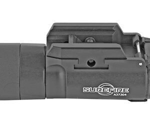 Black SureFire weapon-mounted flashlight attached to a rifle rail, shown from the side.