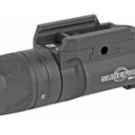 Black SureFire tactical flashlight with IR illuminator, designed for weapon mounting on a rail system