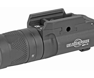 Black SureFire tactical flashlight with IR illuminator, designed for weapon mounting on a rail system