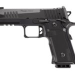 Black semi-automatic pistol shown in profile against a white background due to the white backdrop of the image.