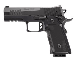 Black semi-automatic pistol shown in profile against a white background due to the white backdrop of the image.