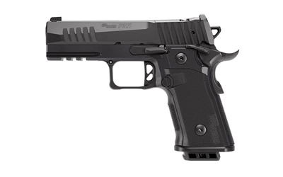Black semi-automatic pistol shown in profile against a white background due to the white backdrop of the image.