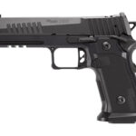Black semi-automatic handgun shown in a right-side profile with textured grip and accessory rails on the slide area.