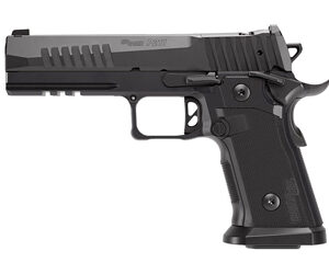 Black semi-automatic handgun shown in a right-side profile with textured grip and accessory rails on the slide area.