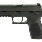 Side profile of a black semi-automatic pistol with a textured grip and accessory rails (Picatinny rail).