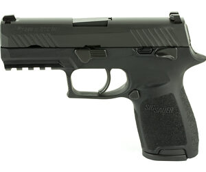 Side profile of a black semi-automatic pistol with a textured grip and accessory rails (Picatinny rail).