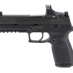 Black semi-automatic pistol shown in profile with textured grip and front and rear sights.