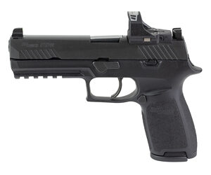 Black semi-automatic pistol shown in profile with textured grip and front and rear sights.