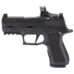 Black semi-automatic pistol with textured grip and red-dot sight mounted on top, shown in profile.